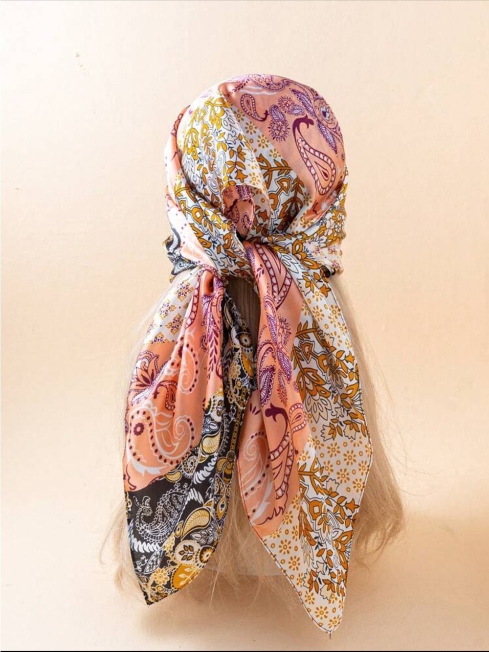 Boho Paisley Silk Square Scarf in Peach, Mustard & Black | Hair/Bag/Pashima